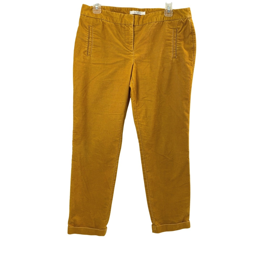 LOFT Pants Women 10 Mustard Yellow Corduroy Straight Cropped Cuffed Stretch Fall